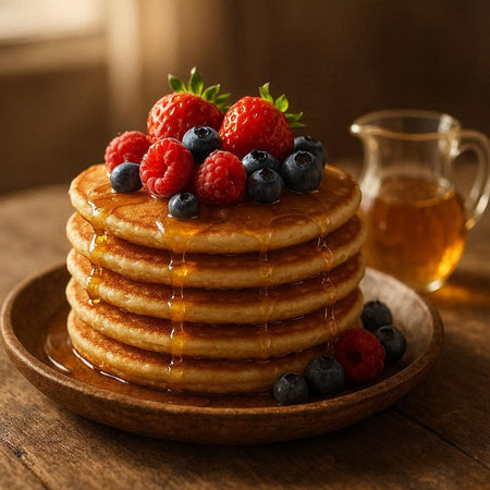 Pancakes with fresh berries and maple syrup on a wooden background