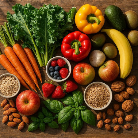 Healthy food background. Vegetables, fruits and nuts. Top view