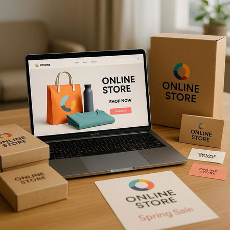 Online shopping concept on laptop screen. All screen content is designed by me.