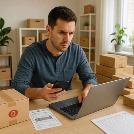 young man using smartphone and laptop while working at home with cardboard boxes