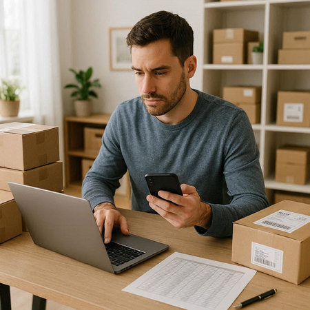 Handsome young man using mobile phone while working at home office