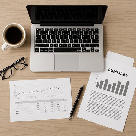 Top view of business workplace with laptop, coffee and financial report.