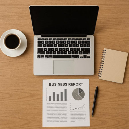 Top view of business workplace with laptop, notebook and coffee cup.