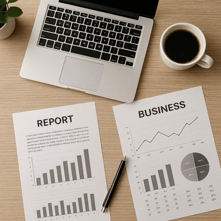 Top view of business workplace with laptop, charts and a cup of coffee