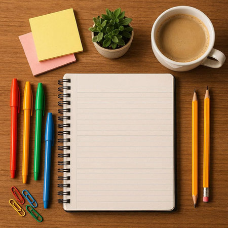 notebook and coffee on the wooden table. top view with copy space
