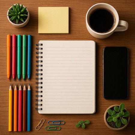 Top view of wooden office desk table with blank notepad, coffee cup and supplies. Mock up