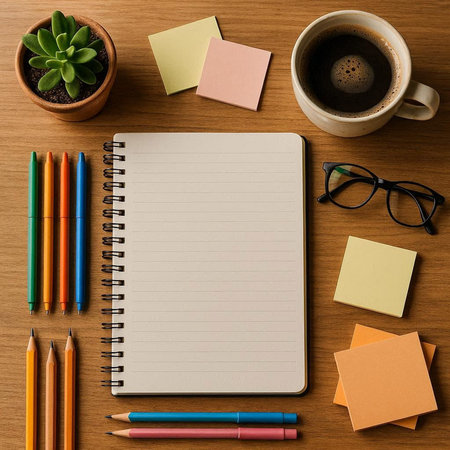 Top view of wooden office desk table with blank notepad, coffee cup and other supplies. Mock up