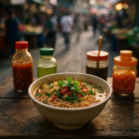 Noodle soup in bowl on wooden table. Asian food background.