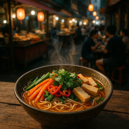 Ramen soup with tofu and vegetables in a bowl on wooden table