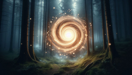 Fantasy forest at night with lights and rays. 3d rendering