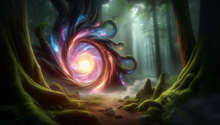 Fantasy landscape with magic forest. 3d illustration. Computer digital drawing.