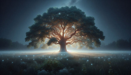 Fantasy landscape with big oak tree at night. 3D renderingの写真素材