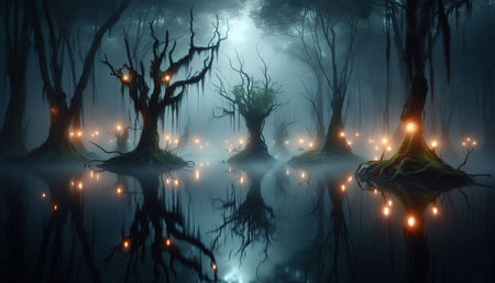 Fantasy forest with fog. 3D illustration. Halloween concept.