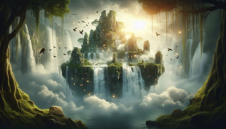 Fantasy fantasy landscape with waterfall. 3d illustration, 3d rendering