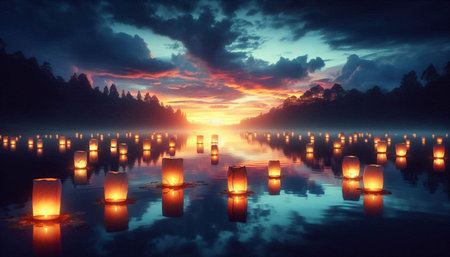 Lanterns floating on the lake at sunset, 3d render