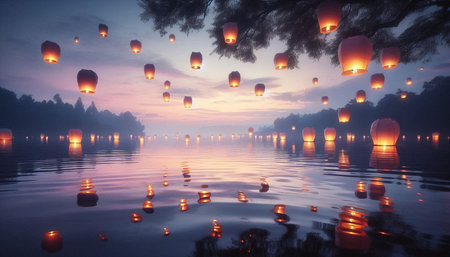 Floating lanterns in the lake at Chiang Mai, Thailand