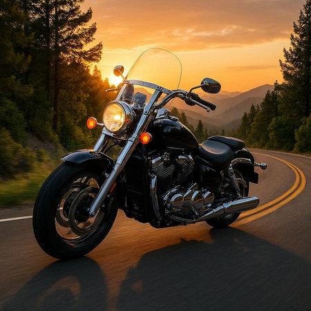 Motorcycle on the road in the mountains at sunset. 3d rendering