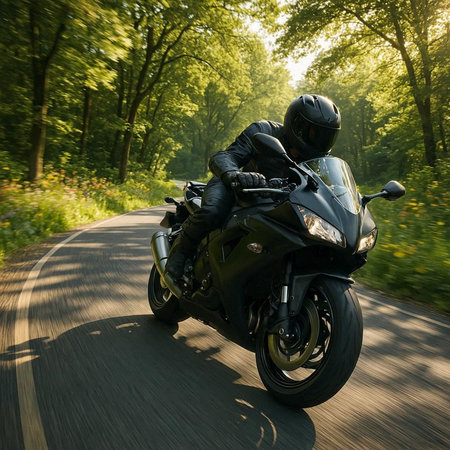 Motorcycle rider on a road in the forest. Motion blur.