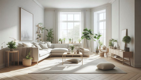 Living room interior with sofa, coffee table and plants. 3d render