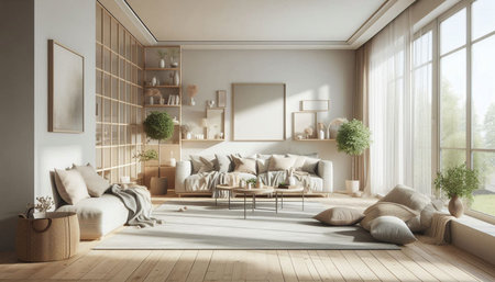Interior of modern living room with white walls, wooden floor, comfortable sofa and bookcase. 3d...