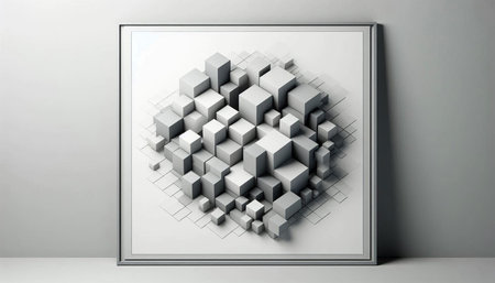 Abstract 3d illustration of geometric cubes in a glass frame on a gray background