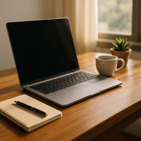 Laptop with blank screen on the table with notebook and cup of coffee