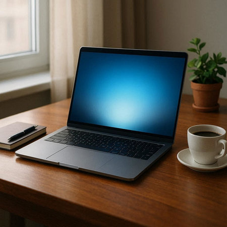 Laptop with blank screen and coffee cup on wooden table at home