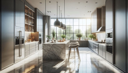 3d rendering of modern kitchen in a loft with a beautiful design