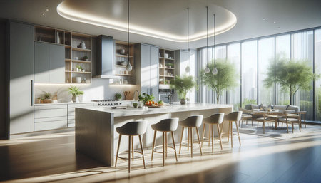 Interior of modern kitchen with white walls, tiled floor, wooden cupboards and gray countertops. 3d...