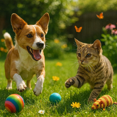 Cat and dog playing with easter eggs on green grass in garden
