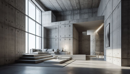 Interior of modern office with concrete walls, concrete floor and rows of windows. 3d rendering