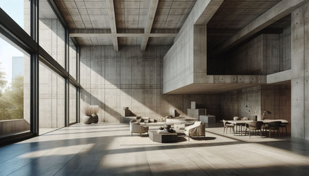 Interior of modern meeting room with concrete walls, panoramic windows and wooden floor. 3d...