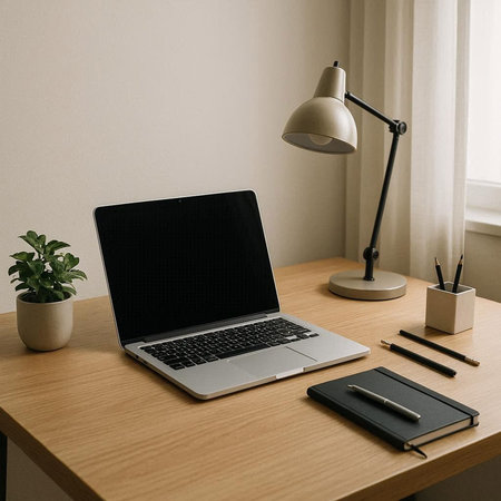 Laptop computer with blank screen on wooden table at home office.