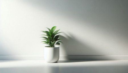Green plant in a white vase on a white wall background.