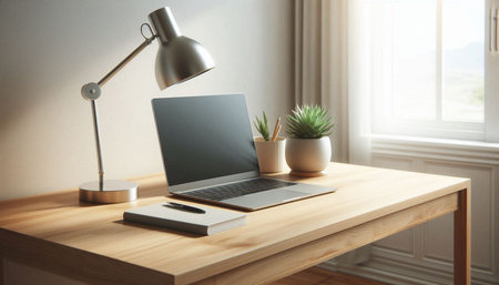 Workplace with laptop on wooden table in modern room, closeup