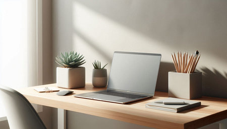 Modern workplace with laptop, stationery and decorations on wooden table. Mock up
