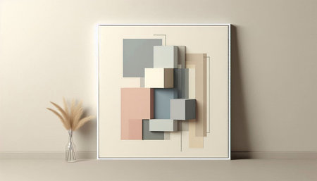 3d render of modern interior design with canvas frame and vase