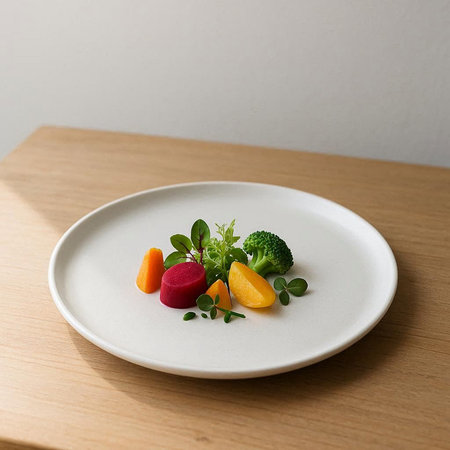 Vegetable salad on a white plate on a wooden table.