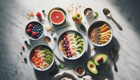 Healthy breakfast bowl with fruits and berriesle table, top view