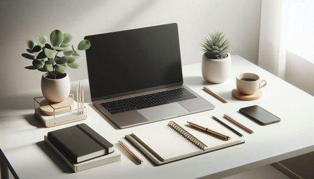 Modern workplace with laptop, stationery and coffee cup on white table