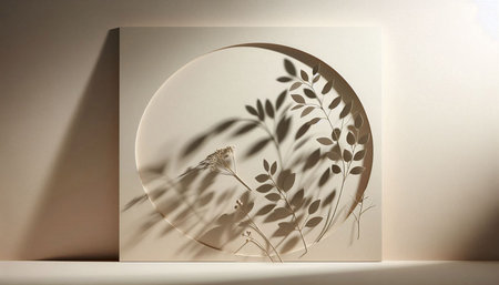 3d render of circle frame with plant shadows on white background.
