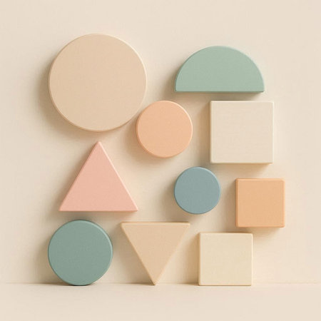 Creative geometric shapes made of pastel colored stones on pastel beige background