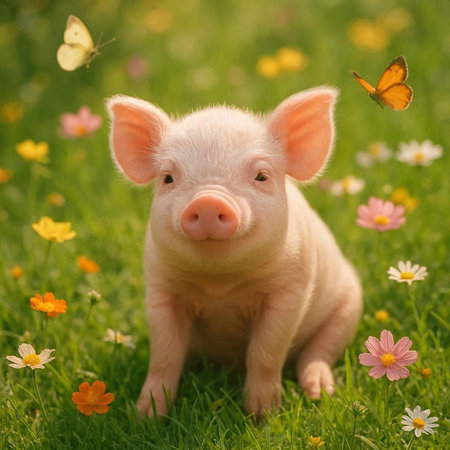 Cute little piglet sitting on green grass with flowers and butterfliesの写真素材