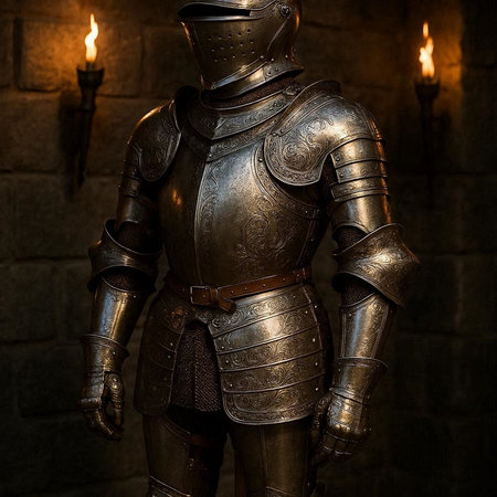 Armour of the medieval knight. Metal protection of the soldier against the weapon of the opponent