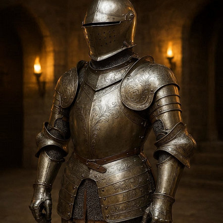 Armour of the medieval knight. Metal protection of the soldier against the weapon of the opponent