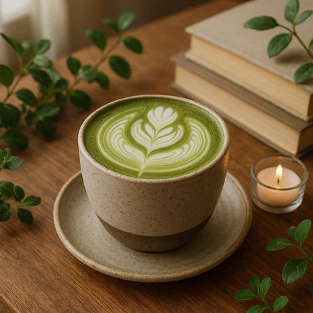 Green tea matcha latte in a ceramic cup on wooden tableの写真素材