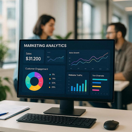 selective focus of business analyst working on computer with graphs and charts on screen