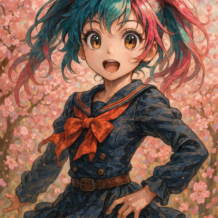 Cute cartoon girl with blue hair and a red bow on her head