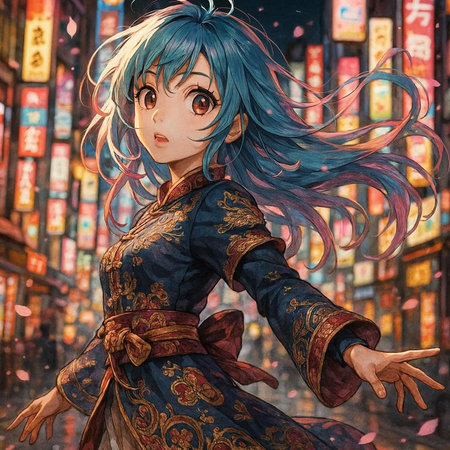 Digital painting of a girl with blue hair in a chinese costume