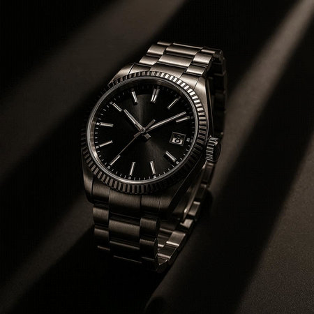 Luxury wristwatch on black background with rays of light.